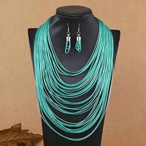 Multi-Layer Turquoise Colored Necklace Earring Jewelry Set